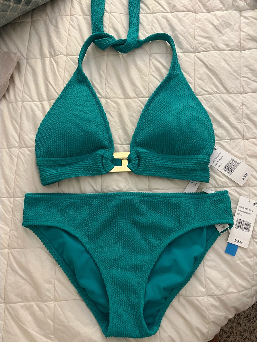 NWT BleuRodBeattie Bikini set green crinkle with gold hardware